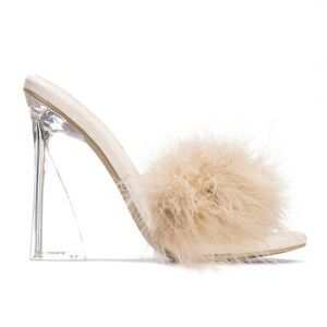 Erica Faux Feather Mule Heel - Nude